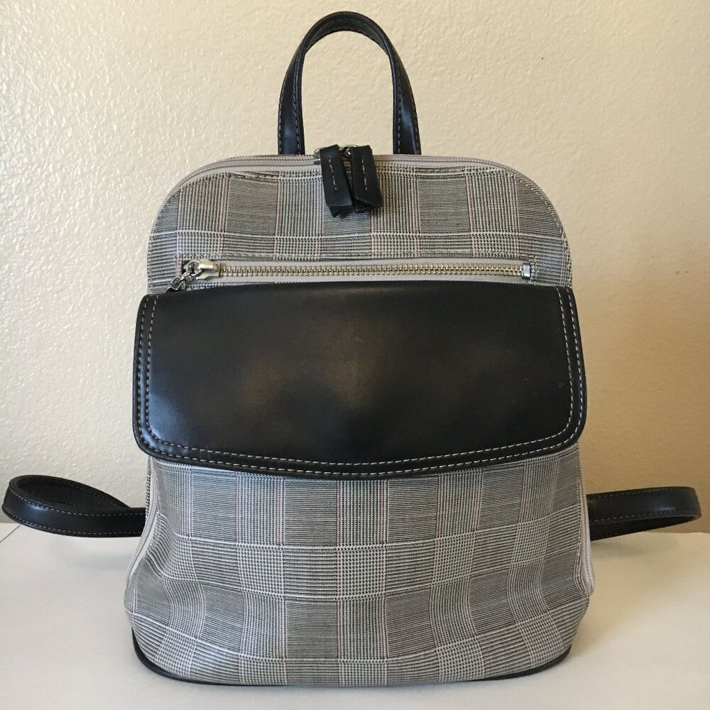 Beige Tan Black Backpack Bag Purse Plaid Houndstooth Adjustable Liz Claiborne